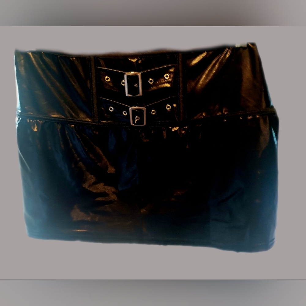 Now $5.  Black Shiny Mini Skirt with Buckle Detail